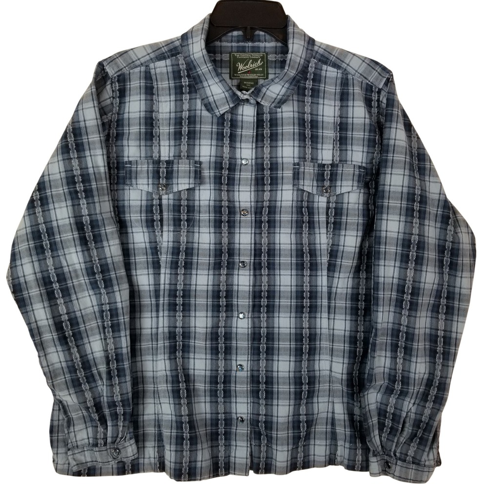 Woolrich Womens XXL Blue Plaid Embroidered Stripe Long Sleeve Button‎ Down Shirt